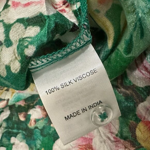 CIENNA Floral Shirt Green Button Up Roll Tab Sleeve Satin Silk Boho - Picture 9 of 12